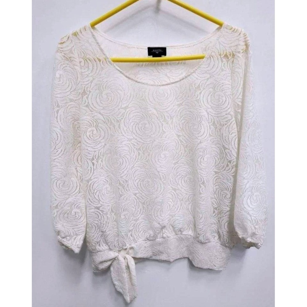 Anthropologie Deletta Lace Top Womens L Ivory Floral Tie Waist Sheer 3/4 Sleeve